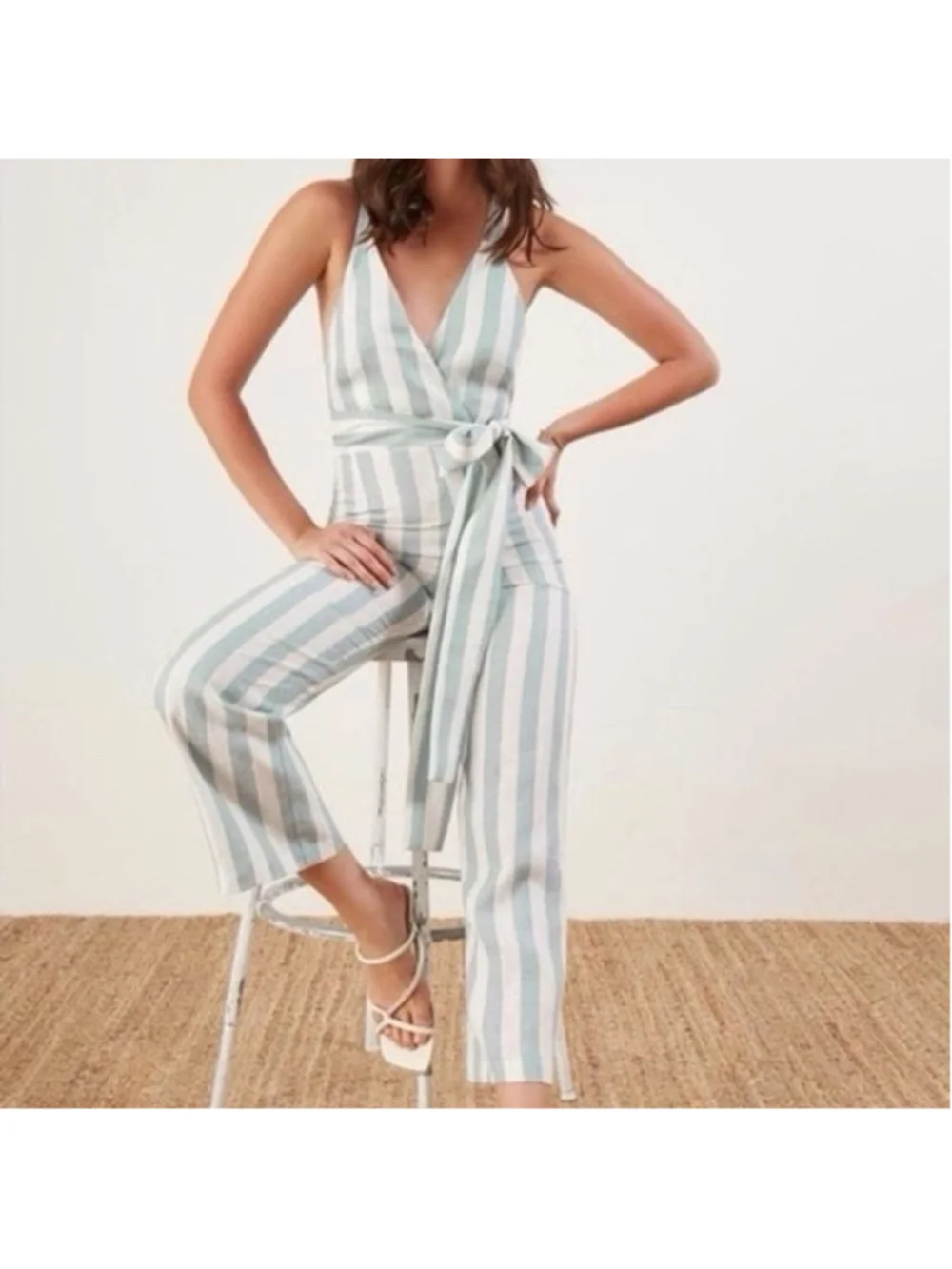 Reformation Dani Striped Linen Jumpsuit Size 6 V Neck Coastal Nautical Beach
